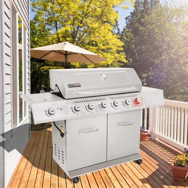 Royal Gourmet GA6402S Stainless Steel Gas Grill, Premier 6-Burner Propane Grill with Sear Burner and Side Burner, 74,000 BTU, Cabinet Style, Outdoor BBQ Party Grill, Silver