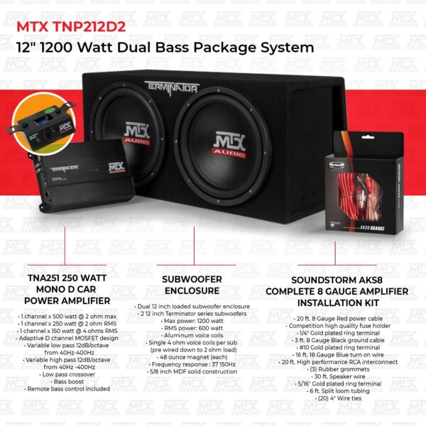 MTX TNP212D2 12′′ 1200W Dual Car Subwoofer Package with Amplifier & Installation Kit