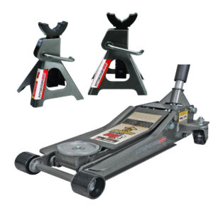 Pittsburg 3 Ton Low Profile Floor Jack and Jack Stands Set Combo with Rapid Pump Quick Lift