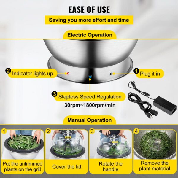 VEVOR 24′′ Electric & Manual Bowl Leaf Trimmer, Stainless Steel, Clear Cover, Efficient Bud & Flower Cutting