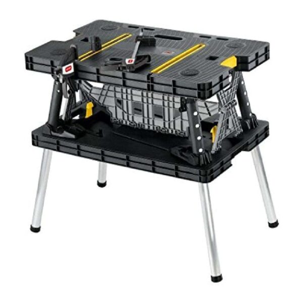 Keter Portable Folding Workbench Sawhorse with Clamps, Black/Yellow, Heavy-Duty Resin