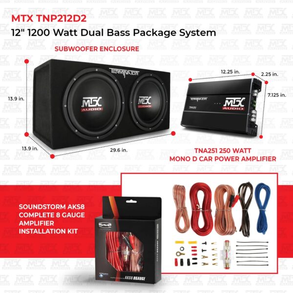 MTX TNP212D2 12′′ 1200W Dual Car Subwoofer Package with Amplifier & Installation Kit