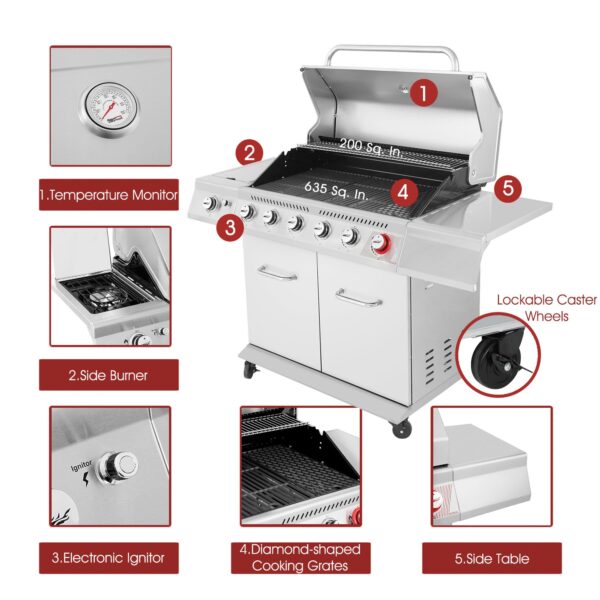Royal Gourmet GA6402S Stainless Steel Gas Grill, Premier 6-Burner Propane Grill with Sear Burner and Side Burner, 74,000 BTU, Cabinet Style, Outdoor BBQ Party Grill, Silver