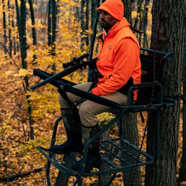 RIVERS EDGE Jumbo Jack Ladder Stand RE658 – Adjustable Shooting Rail, Large Platform, Mesh Seat