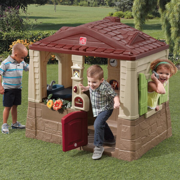 Step2 Neat & Tidy Cottage II Brown Playhouse for Kids – Outdoor Plastic Toy with Dutch Door & Kitchen Setup