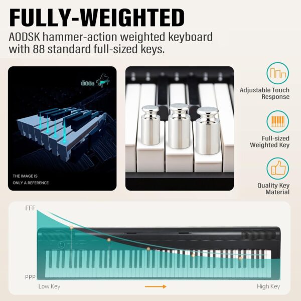 AODSK S-200 88-Key Weighted Digital Piano, Hammer Action, Black, with Sustain Pedal & Stereo Speakers, USB Connectivity, Portable for All Skill Levels