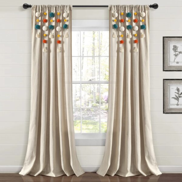 Lush Decor Boho Pom Pom Tassel Linen Window Curtain Panel (Single)